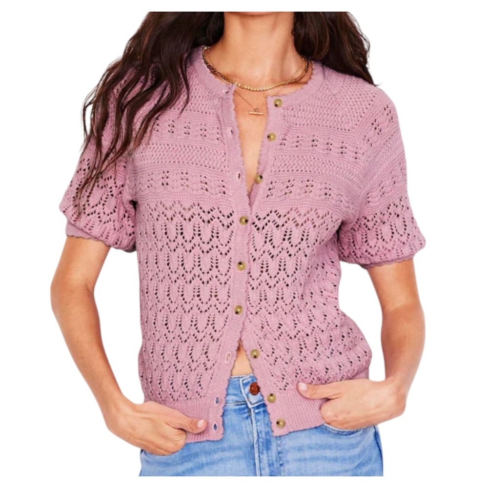 NWT BODEN Elodie Cotton Stitch Crew CARDIGAN SWEATER Pointelle Pink Short Slvs S